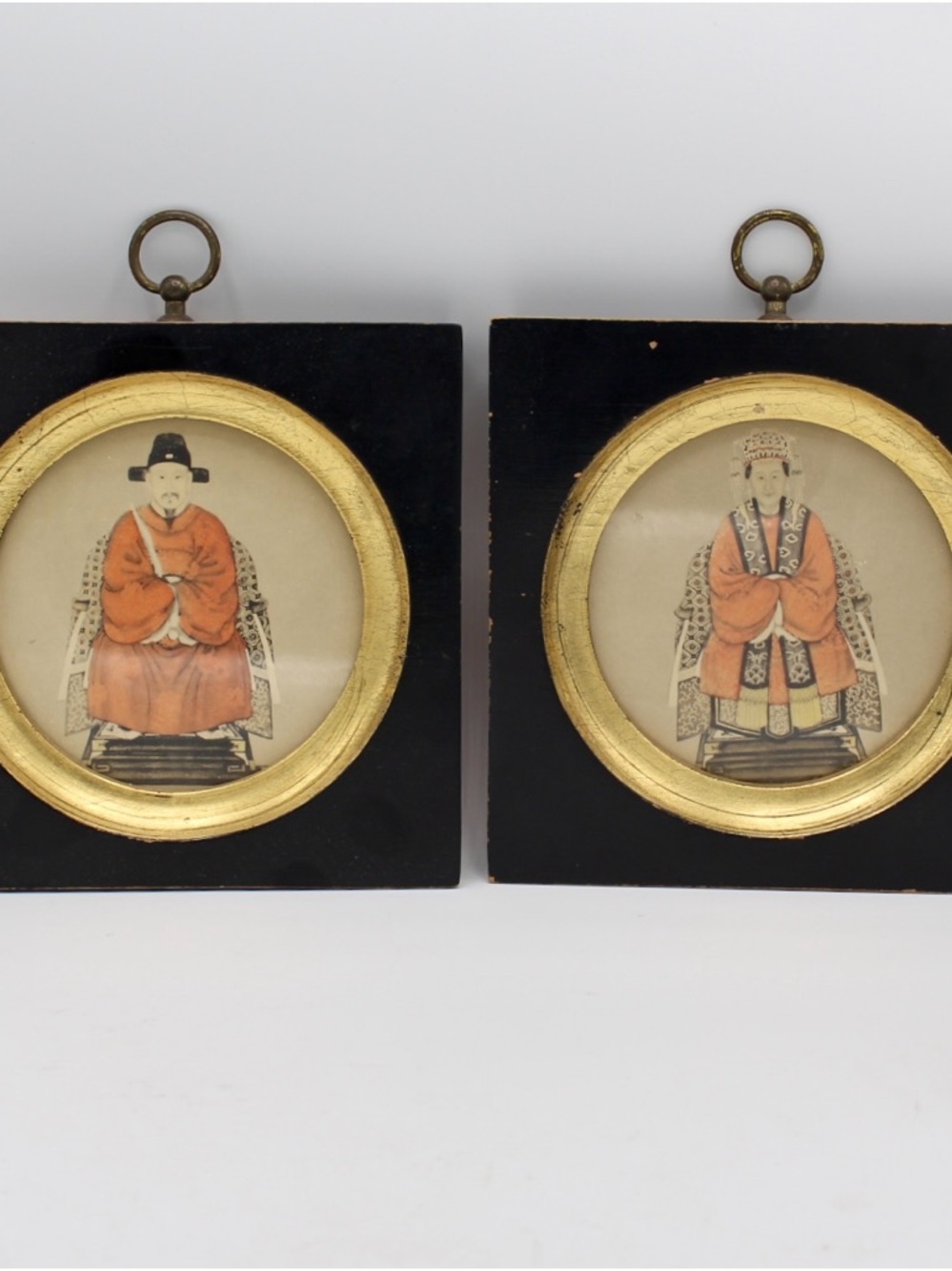 Vintage Framed Pair of Chinese Miniature Ancestor Portraits